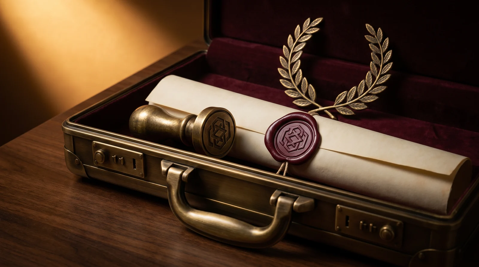 A burnished antique brass executive briefcase lined with burgundy velvet, holding a heavy brass wax-seal stamp resting beside an ivory parchment scroll with a freshly pressed deep-burgundy wax seal — two brass laurel sprigs crossed behind to form a wreath — association and partnership credentials as a sealed accord.