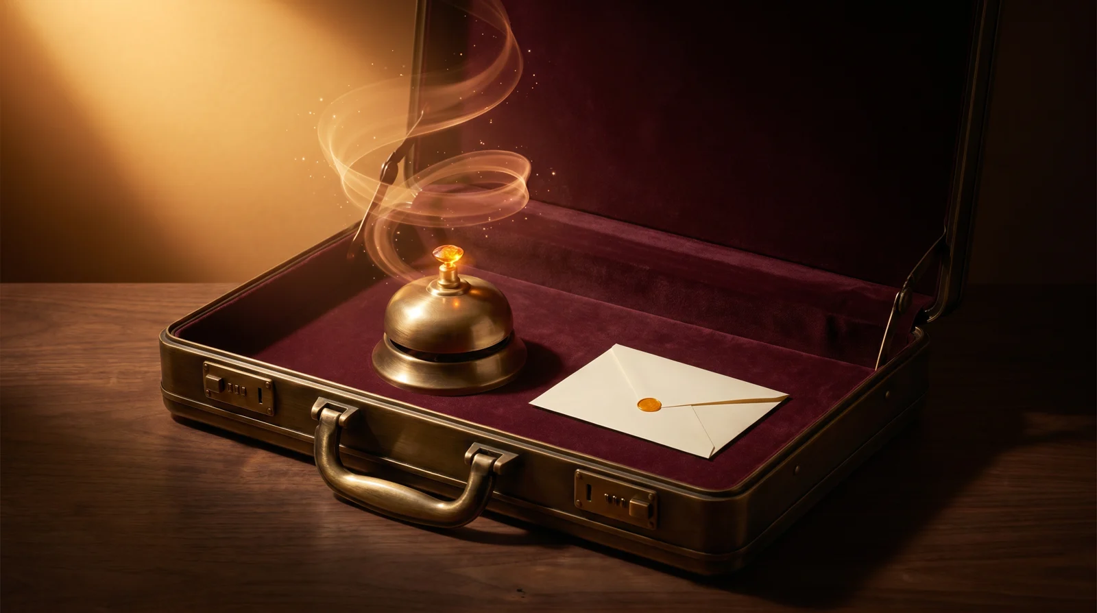 A burnished antique brass executive briefcase lined with burgundy velvet, holding a polished brass concierge service bell with an amber crystal striker — a curling ribbon of warm amber light rising from the dome — and a single sealed ivory envelope with an amber wax dot beside it — direct contact as the moment a real human is reached.