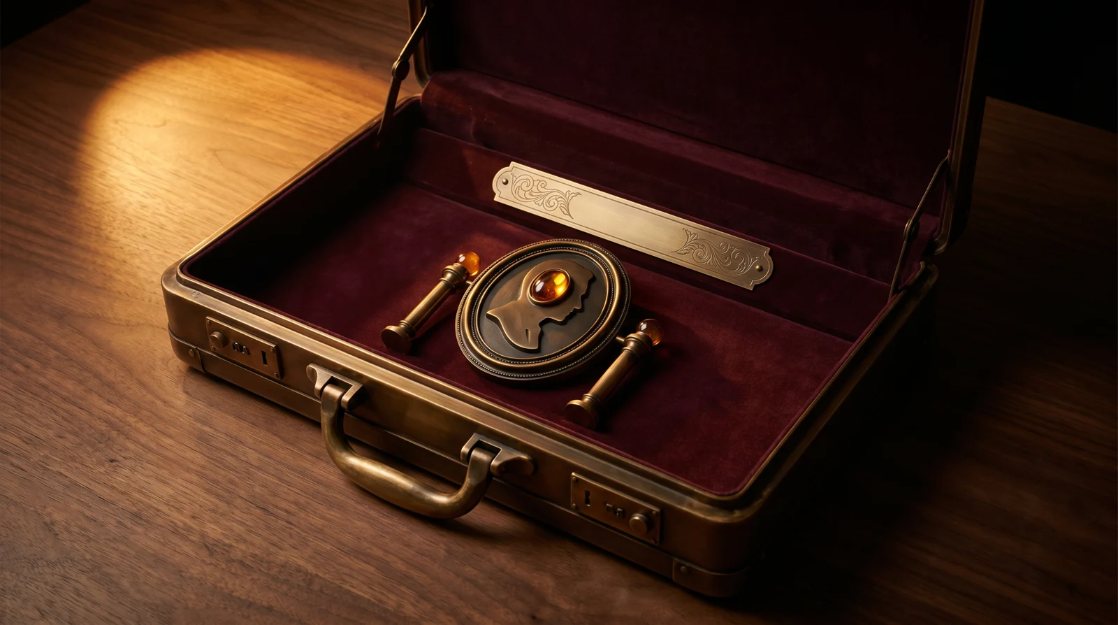 A burnished antique brass executive briefcase lined with burgundy velvet, holding a brass portrait medallion with a stately silhouette in profile and a small glowing amber gemstone at the heart — flanked by two miniature brass pillars under an engraved scrollwork plaque — the founder presented as a venerable cameo.