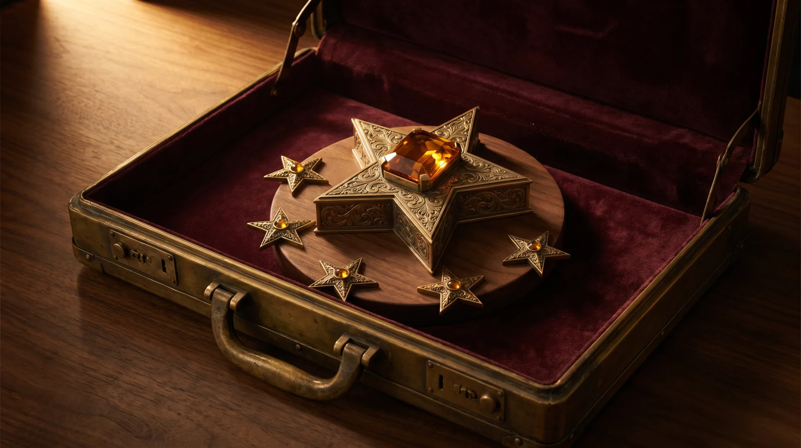 A burnished antique brass executive briefcase lined with burgundy velvet, holding a magnificent five-pointed antique brass star pedestal with a large faceted amber gemstone at its center — four smaller brass stars arranged in an arc around it on a walnut riser — reviews and testimonials honored as decorations.