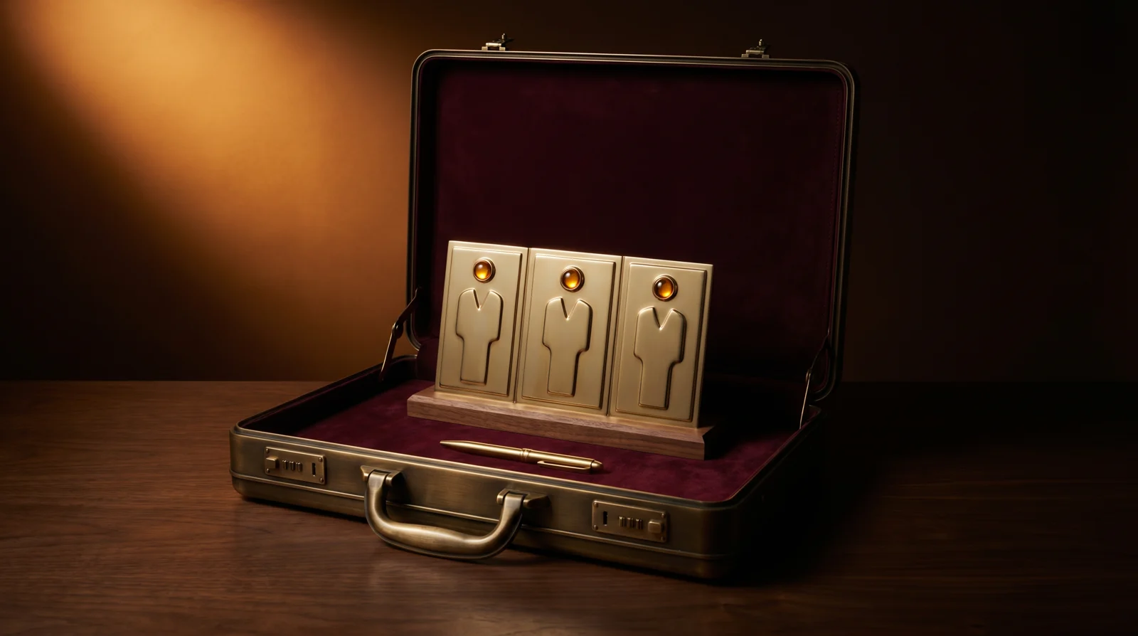 A burnished antique brass executive briefcase lined with burgundy velvet, holding a polished brass triptych plaque with three abstract operator figures in a row — a glowing amber gemstone set above each one — and a single brass pen laid in front, the team as a stately roster.