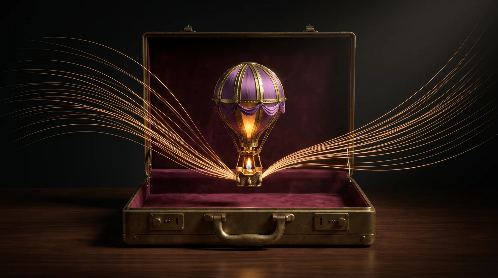 A brass executive briefcase lined with burgundy velvet, holding a deep-purple antique hot-air balloon with brass rigging — glowing amber light trails flowing inward into its basket — AI-driven customer acquisition rendered as warm, ascending lift.
