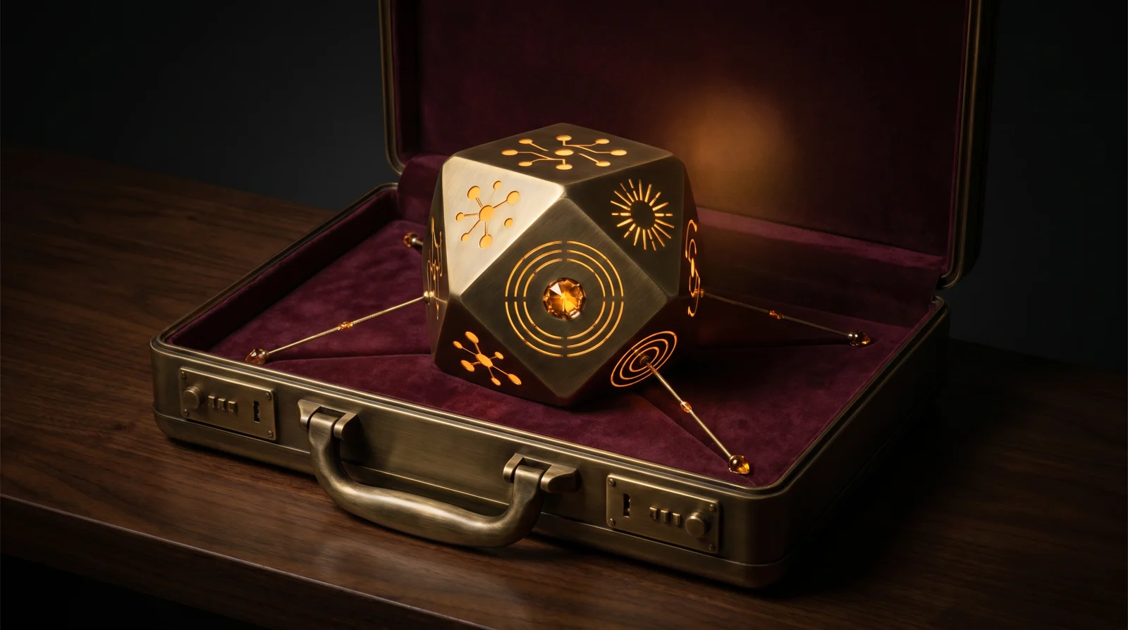 A brass executive briefcase lined with burgundy velvet, holding an antique brass octahedron orb etched with glowing amber circuit glyphs — eight filament beams reaching outward to small amber crystal nodes — AI engines recommending the business by name.