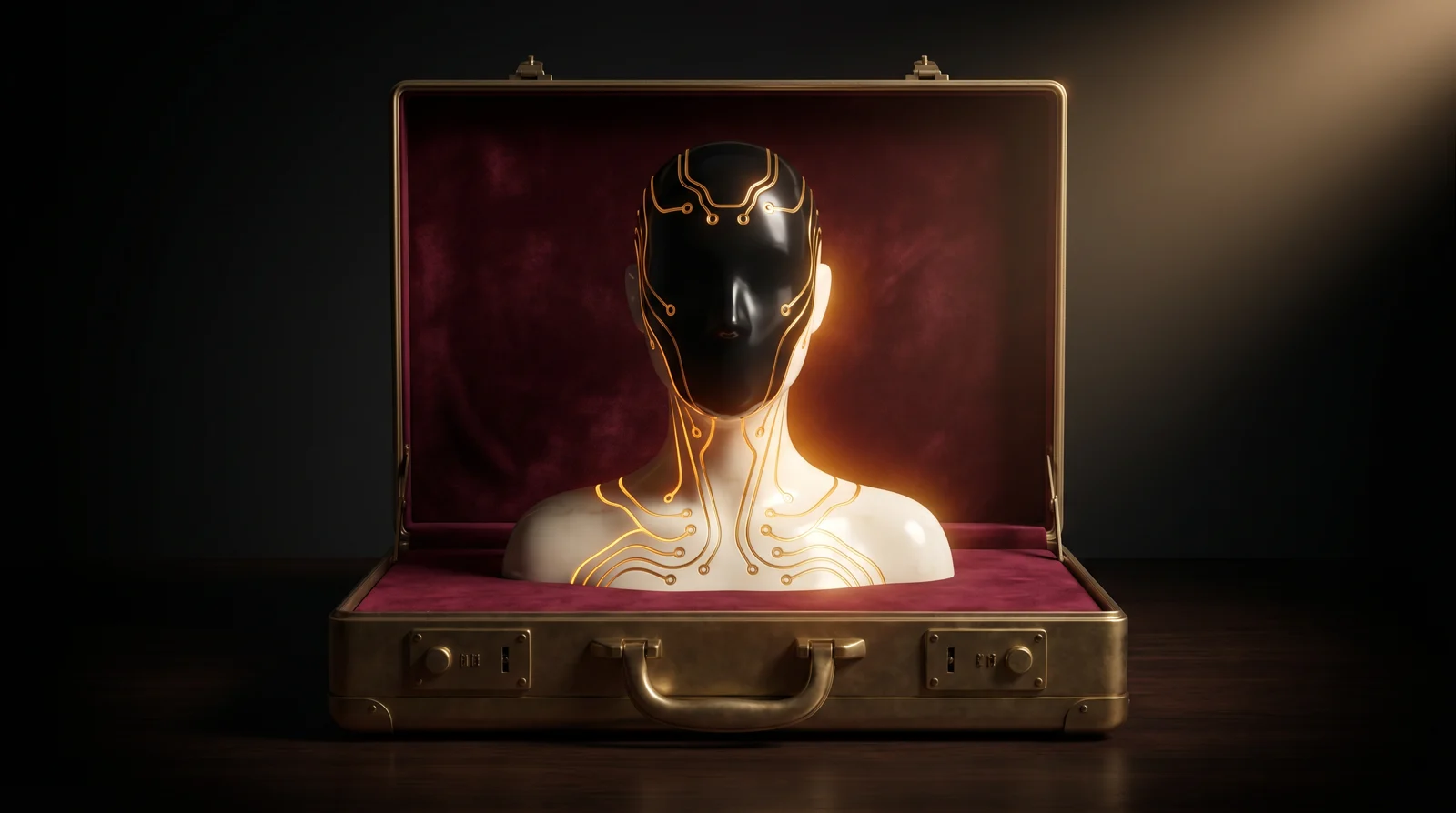 A brass executive briefcase lined with burgundy velvet, holding a calm onyx-and-ivory AI assistant bust with delicate gold circuit traces flowing across the cheekbones and neckline — a custom branded AI persona presented like couture.