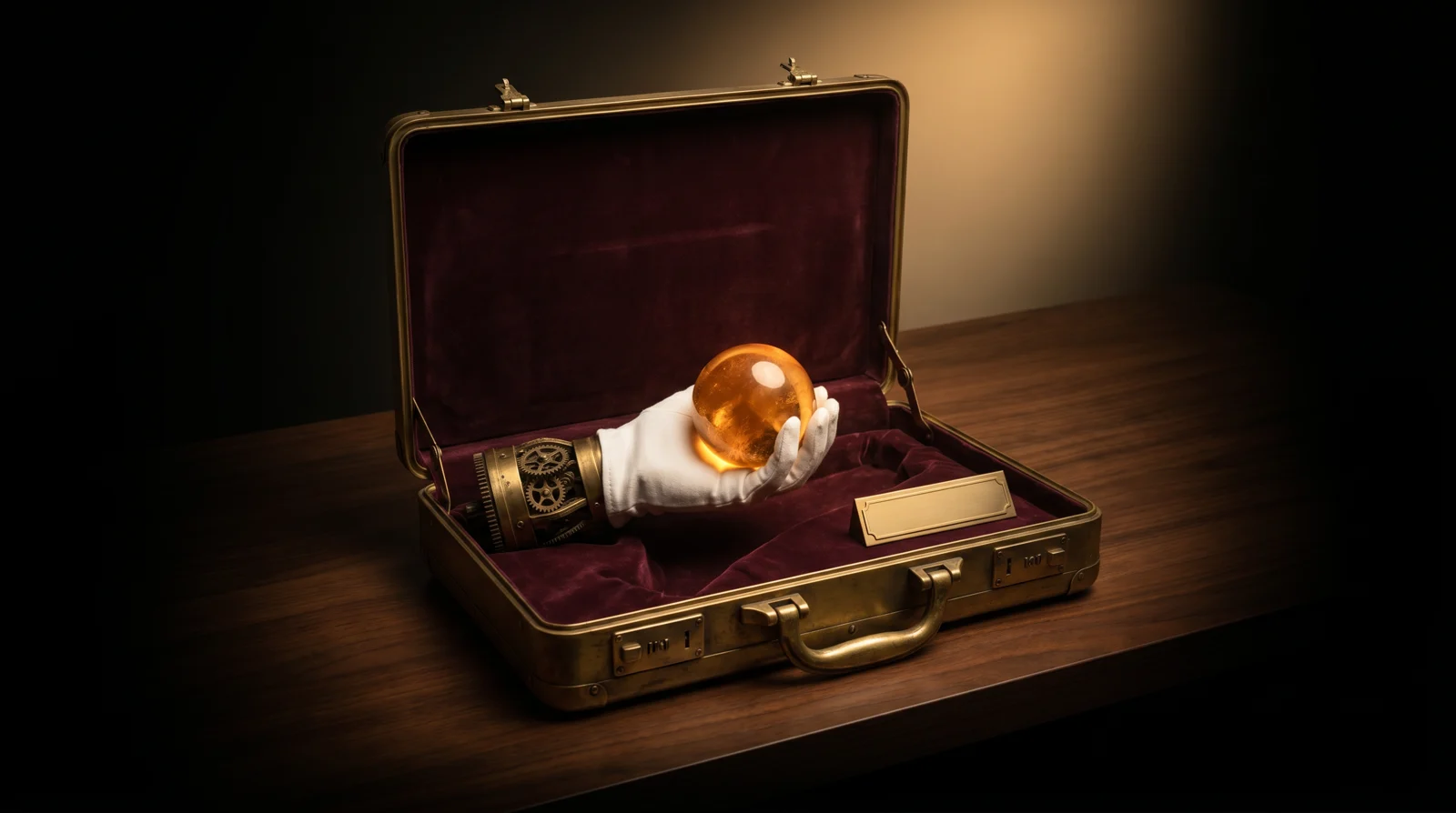 A brass executive briefcase lined with burgundy velvet, holding a white-gloved mechanical brass hand cradling a glowing amber orb — done-for-you concierge service rendered as elegant, hands-off delivery.