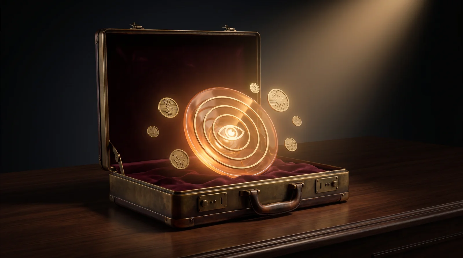 A brass executive briefcase lined with burgundy velvet, holding an antique brass radar dish with a glowing amber eye at its center — encircled by brass medallions etched with rank signals — the flagship visibility engine displayed as the partner's first asset.