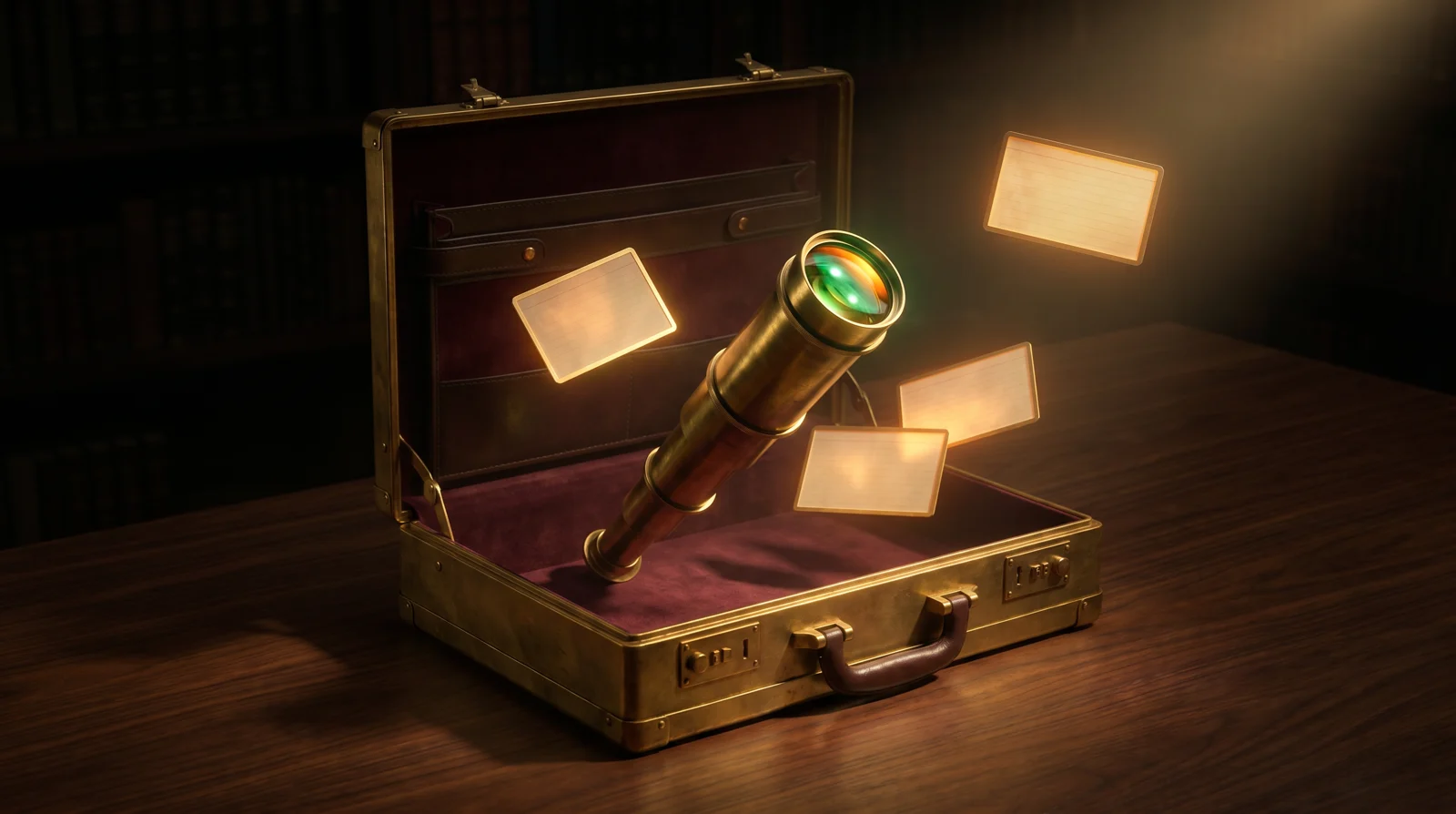 A brass executive briefcase lined with burgundy velvet, holding an antique brass spyglass framed by softly floating amber index cards — a stately library glow behind them — on-site engagement and conversion captured as a curator's instrument.