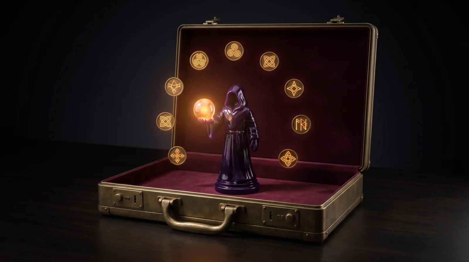 A brass executive briefcase lined with burgundy velvet, holding a deep-purple obsidian sorcerer figurine clasping a glowing amber orb — surrounded by a ring of small brass rune amulets — AI reputation guarded as a sacred relic.