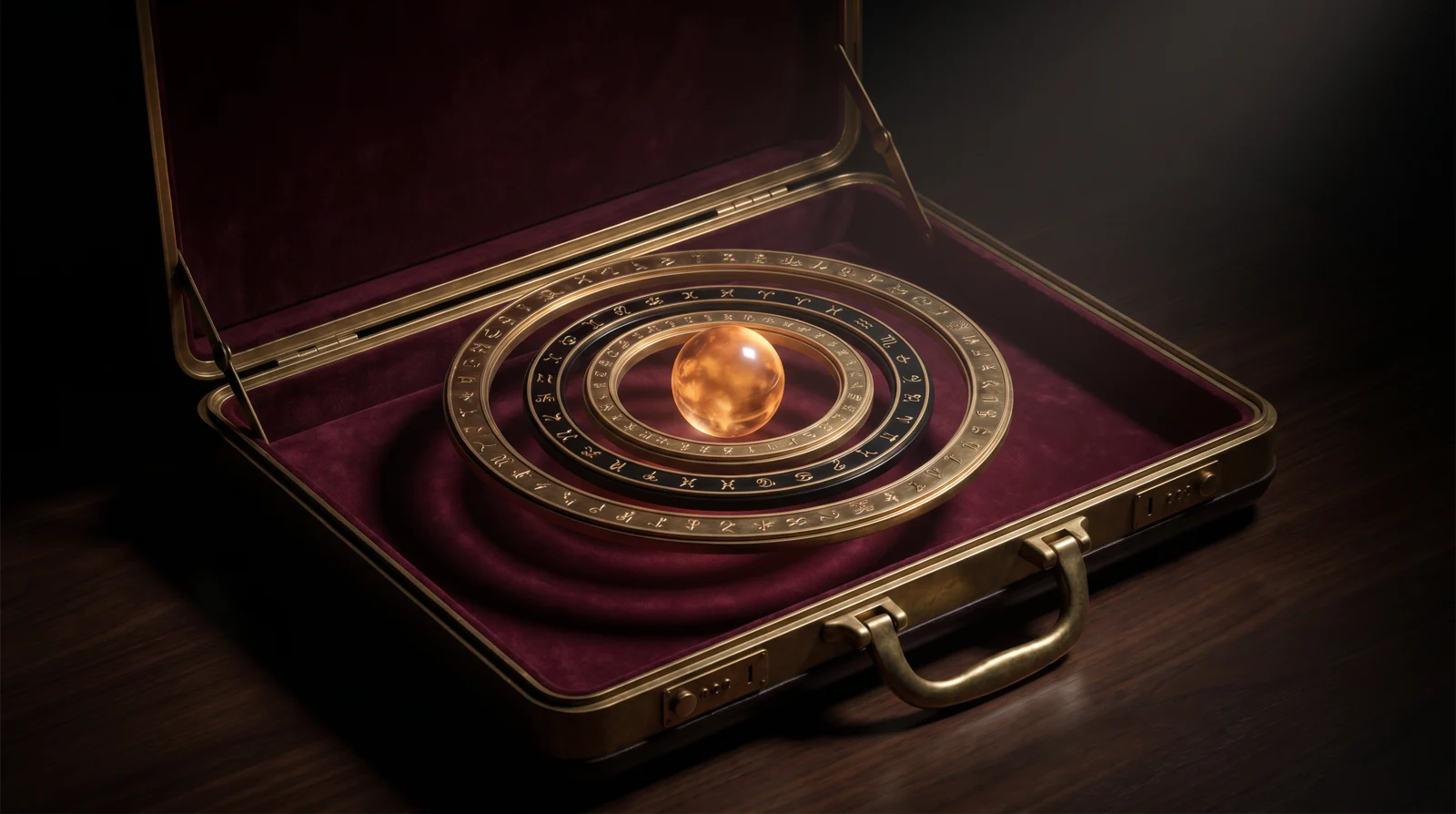 A brass executive briefcase lined with burgundy velvet, holding three concentric antique brass zodiac rings rotating around a central glowing amber crystal — the flagship recurring community framed as an inner circle.