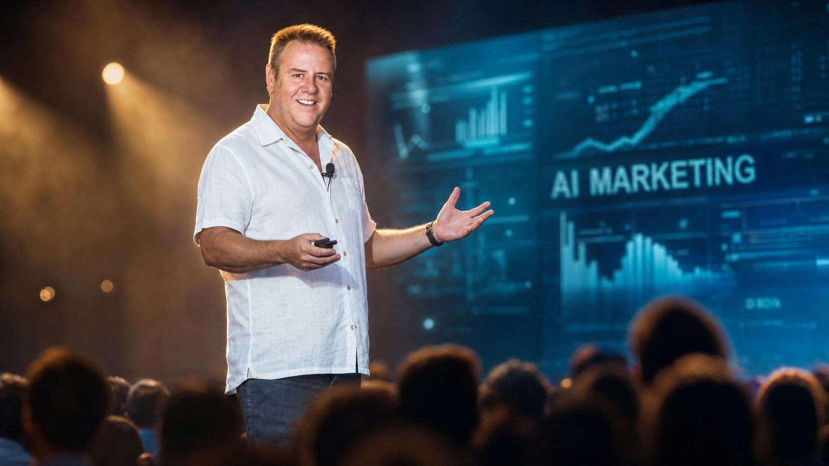 John Limbocker on stage delivering an AI marketing keynote