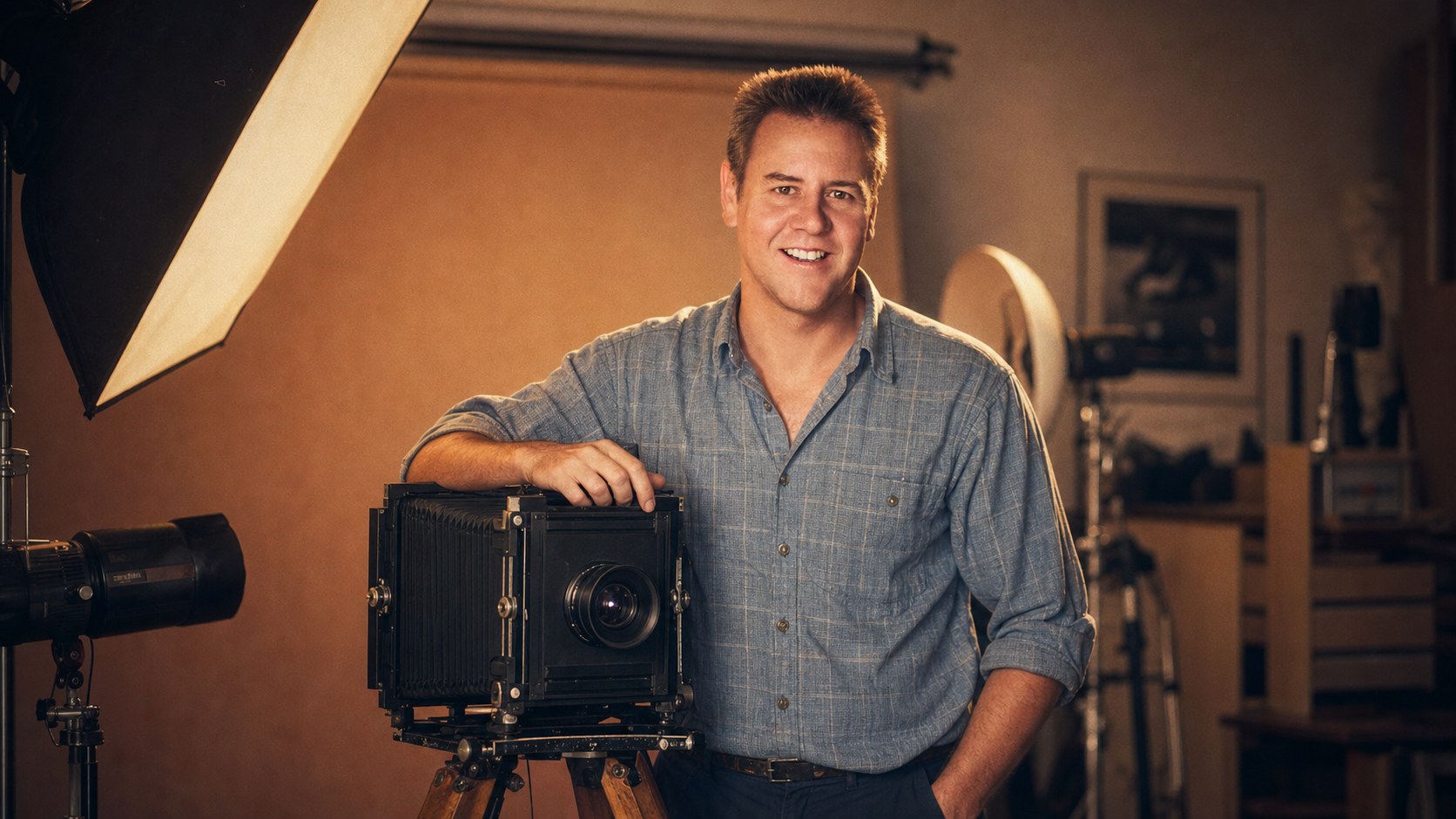 Young John Limbocker behind an 8x10 view camera in his 1985 photography studio