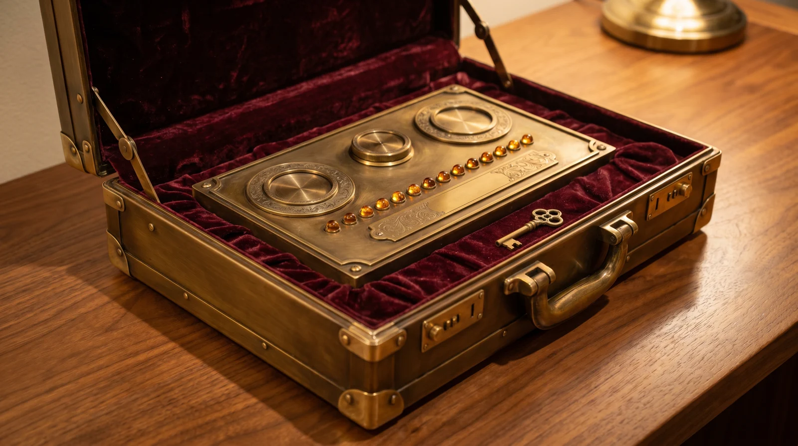 A burnished antique brass executive briefcase lined with burgundy velvet, holding an ornate antique brass control panel face with three burnished brass dials, two engraved bezels, a row of amber gemstone indicator lights glowing across the bottom, and a brass nameplate with scrollwork — hosting cPanel as a stately instrument.