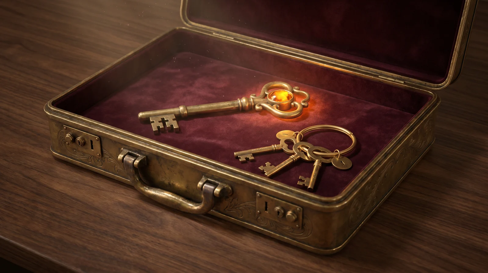 A burnished antique brass executive briefcase lined with burgundy velvet, holding a heavy ornate brass skeleton key with a glowing amber gemstone in the bow, crossed over a brass keyring threaded with three smaller etched brass keys — client credentials kept in a private vault.