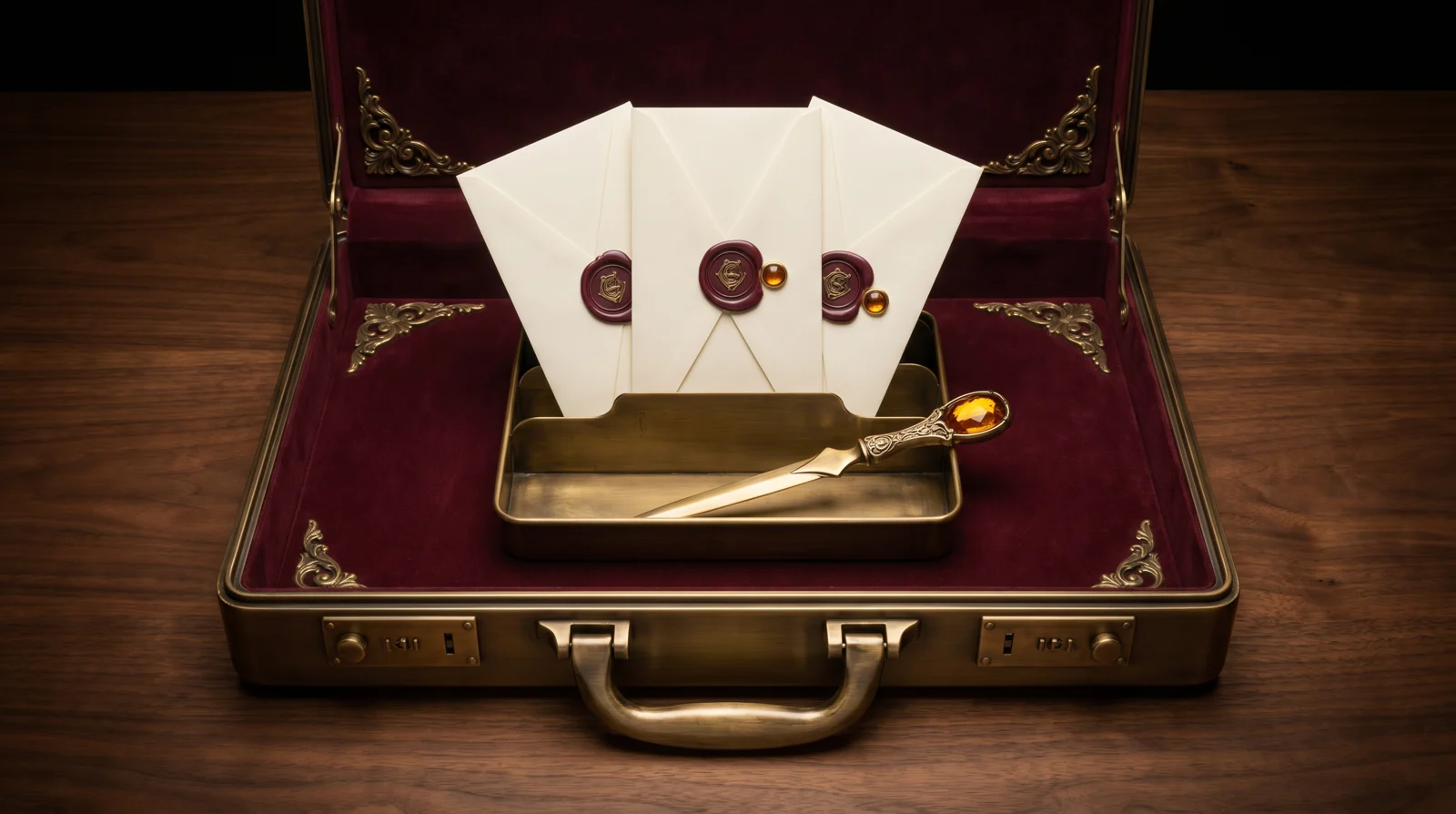 A burnished antique brass executive briefcase lined with burgundy velvet, holding a small brass mail-sorting tray with three ivory envelopes fanned and standing upright, each closed with a deep burgundy wax seal and a tiny amber gem accent, and a brass letter-opener with an amber gemstone handle laid diagonally — email setup as a formal correspondence kit.