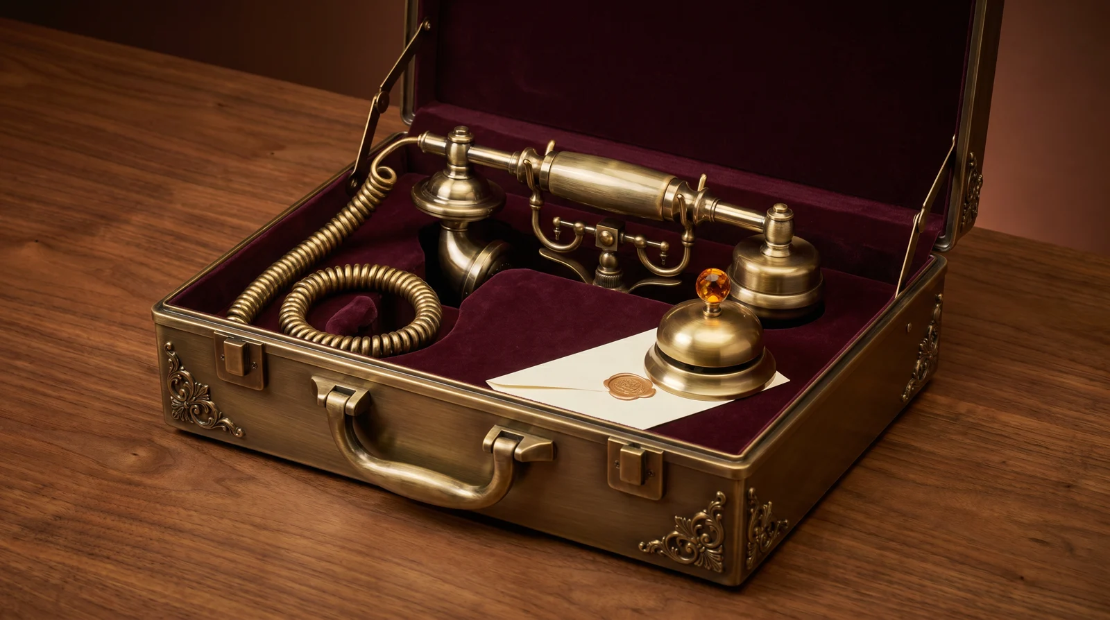 A burnished antique brass executive briefcase lined with burgundy velvet, holding a polished antique brass desk telephone handset on a brass cradle with a coiled cord, beside a small brass call-bell with an amber crystal striker glowing softly and a sealed ivory note — support as a concierge line.