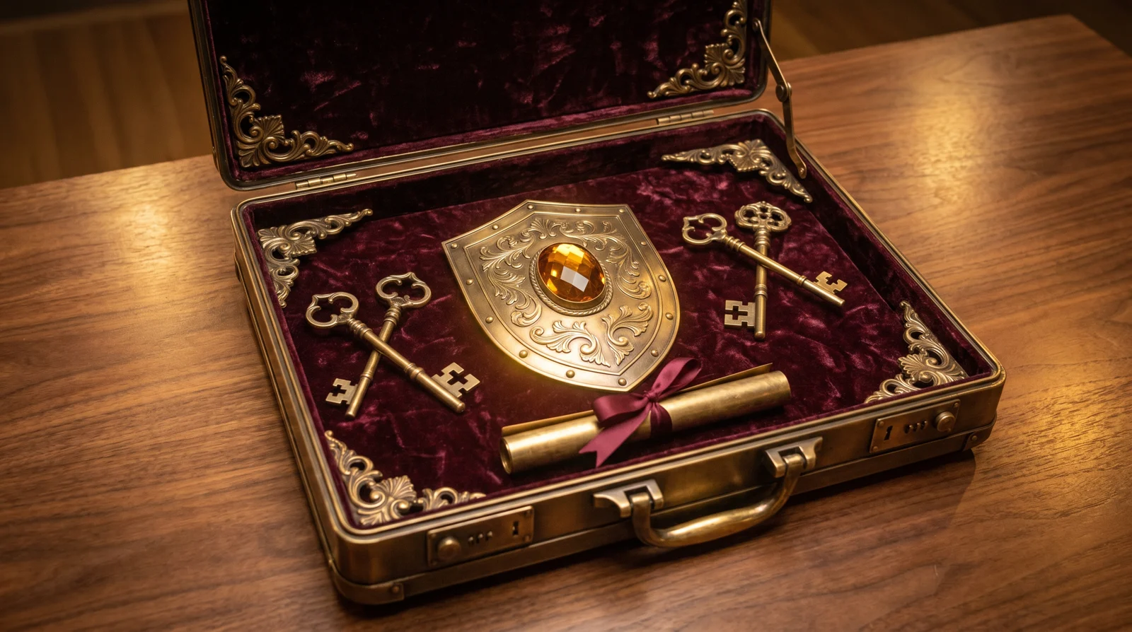 A burnished antique brass executive briefcase lined with burgundy velvet, holding an ornate heraldic brass shield with a faceted amber gemstone set as its center boss, flanked by two crossed brass keys, with a small brass scroll tied in burgundy ribbon resting in front — WordPress security as a defended crest.