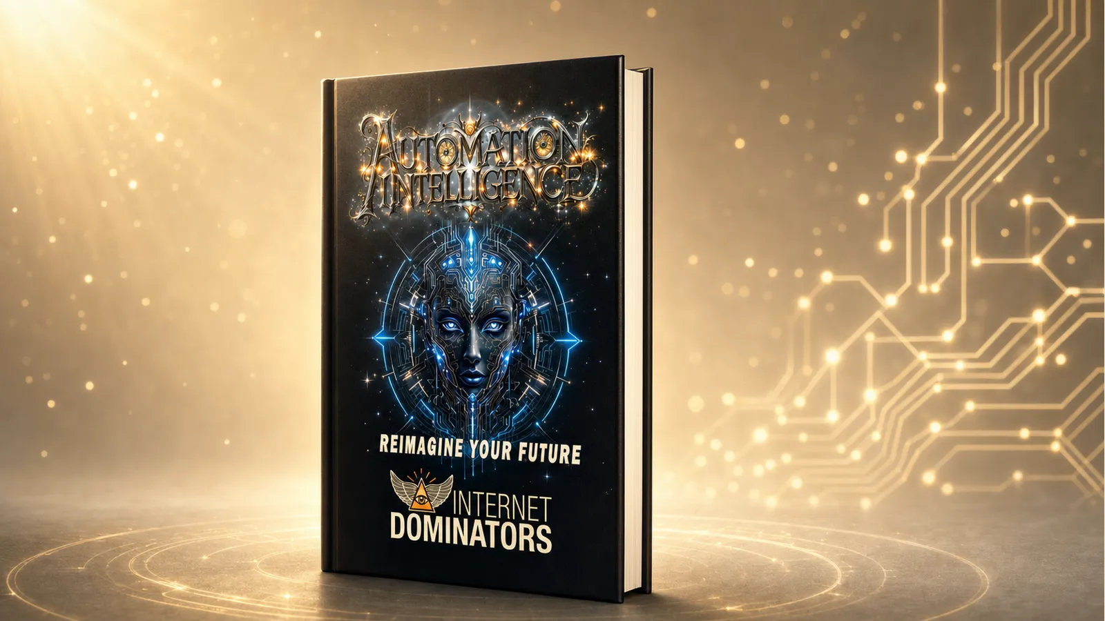 Editorial still-life of the Automation Intelligence: Reimagine Your Future hardcover book on a champagne-cream background with soft golden bokeh.
