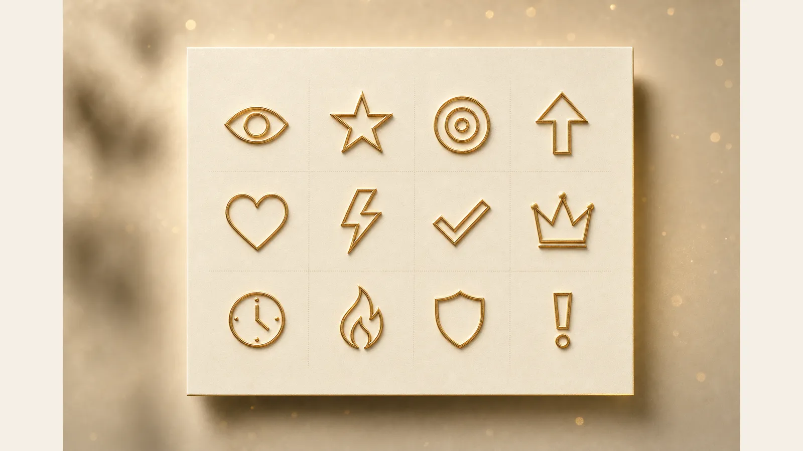 Twelve embossed gold attention-grabbing symbols on a champagne canvas — eye, star, target, arrow, heart, lightning, check, crown, clock, flame, shield, and exclamation point.