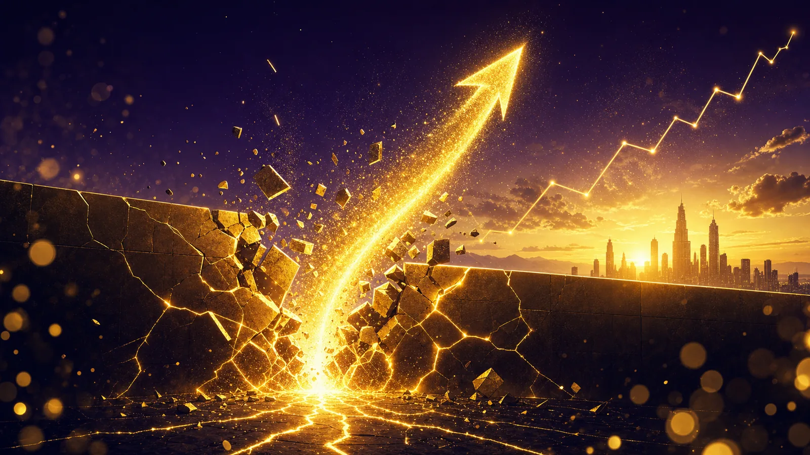 A massive gold wall shattering on a deep royal purple background — a luminous gold arrow arcs through the breach toward a glowing city skyline horizon and an ascending peak-shaped chart line.