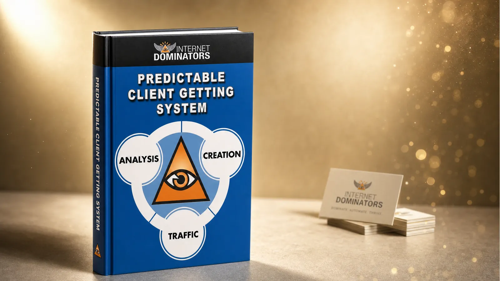 Editorial still-life of the Predictable Client Getting System hardcover book on a champagne-cream background with soft golden bokeh — the Analysis · Creation · Traffic framework on the cover.