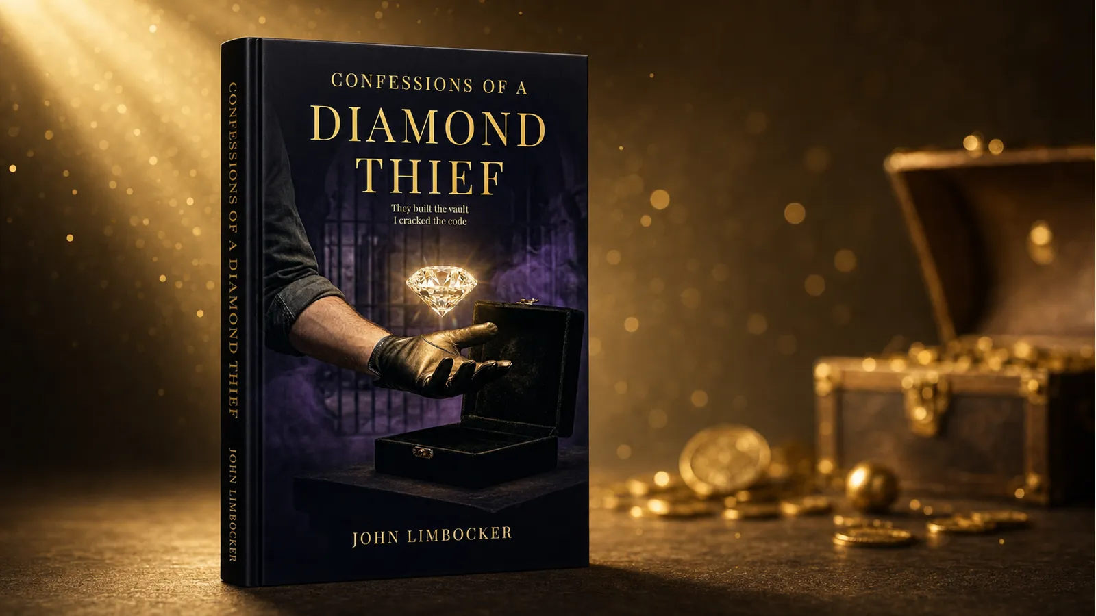 Confessions of a Diamond Thief hardcover book by John Limbocker — a gloved hand revealing a brilliant diamond from a velvet box, set against a champagne-gold spotlight and gold particle bokeh.