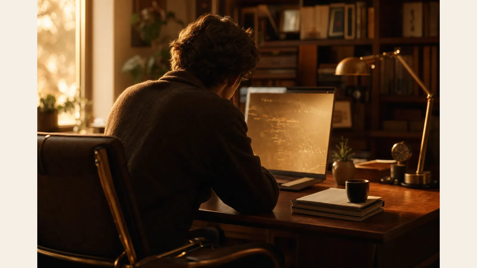 A person leaning in toward a glowing computer screen in a warm golden-hour study — the visible pull of an emotionally compelling offer.