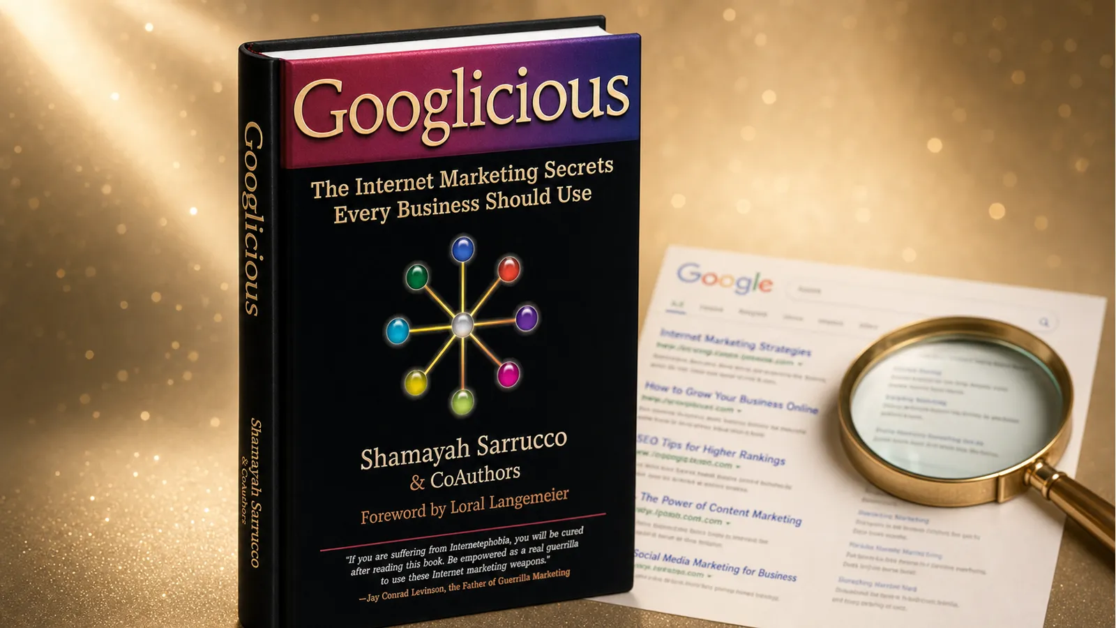 Editorial still-life of the Googlicious: The Internet Marketing Secrets Every Business Should Use hardcover book on a champagne-cream background with soft golden bokeh.