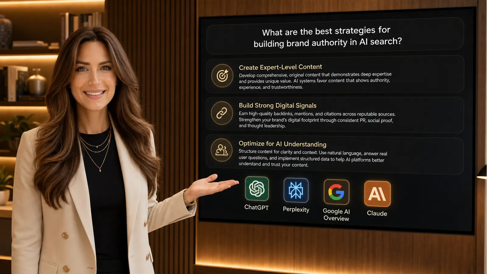 Becky presenting the AI Visibility masterclass — gesturing toward a large dark screen showing an AI answer with ChatGPT, Perplexity, Google AI Overview, and Claude logos illuminated alongside.