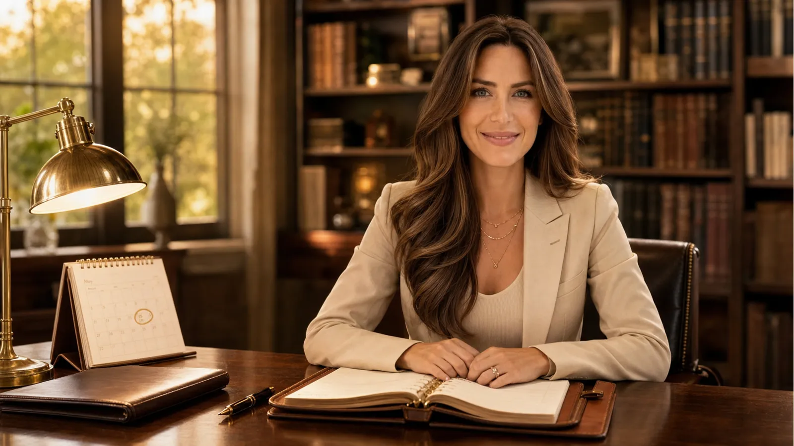 Becky at a polished desk with calendar, leather portfolio, and brass lamp — warm closed-mouth smile, ready to take a private strategy call.