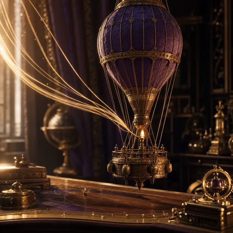 An ornate brass hot-air-balloon scale model with a glowing amber gondola flame and tiny purple silk panels, with light trails flowing toward it.