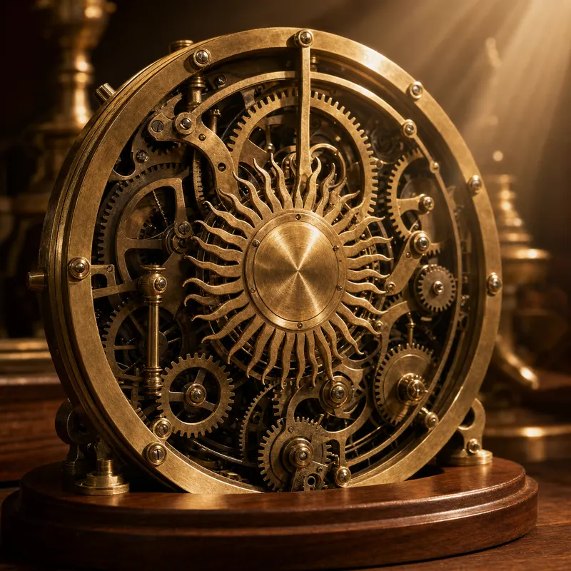 Intricate antique brass clockwork with a central radiant sun-wheel — the century-old ACT Protocol fused with Quantum AI tools.