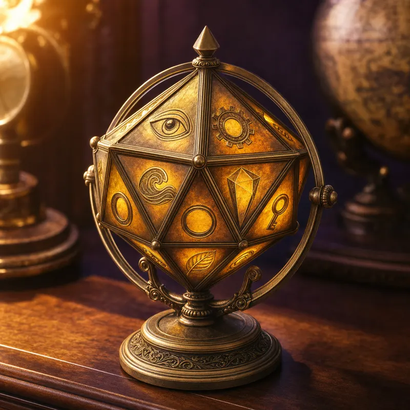 An antique brass octahedron compass-orb with eight glowing amber rune-faces — each etched with a different AI symbol.