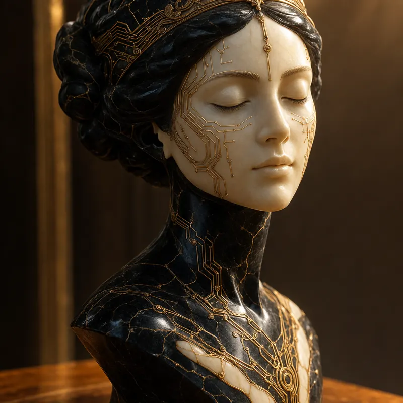 An elegant onyx and ivory AI female bust with gold filigree circuit patterns across the cheekbones.
