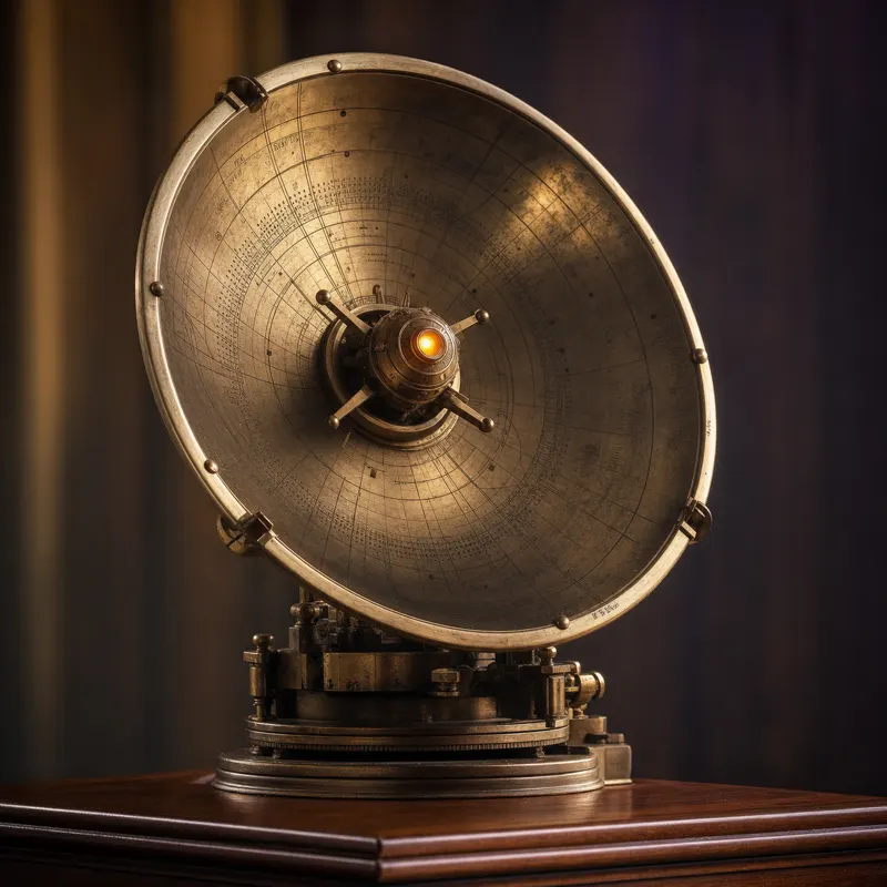 A brass radar dish with a glowing amber eye at its center — the visibility engine that teaches AI engines to recommend your business.