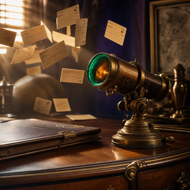 An antique brass periscope-spyglass with a glowing emerald-and-amber lens revealing indexed paper cards floating mid-air.