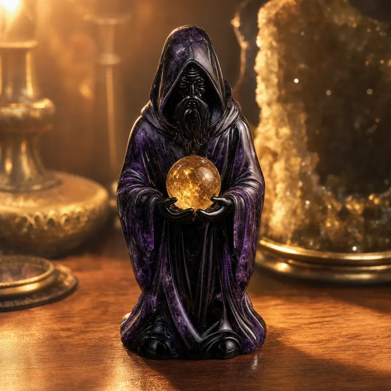 A purple obsidian hooded sorcerer figurine holding a glowing amber crystal orb.