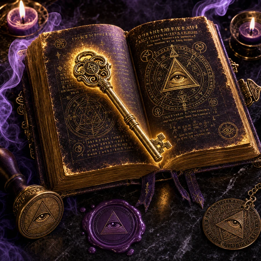 An ancient open grimoire with golden runes and an arcane key, beside a wax seal stamped with the all-seeing-eye pyramid — the playbook being unlocked.