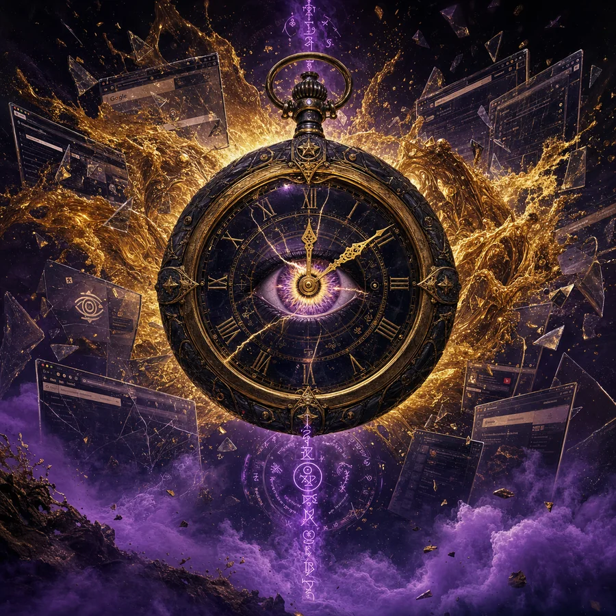 Agent Studio — an ancient pocket-watch with a glowing eye-iris bursting through browser windows, representing AI agents shipping work across the web.