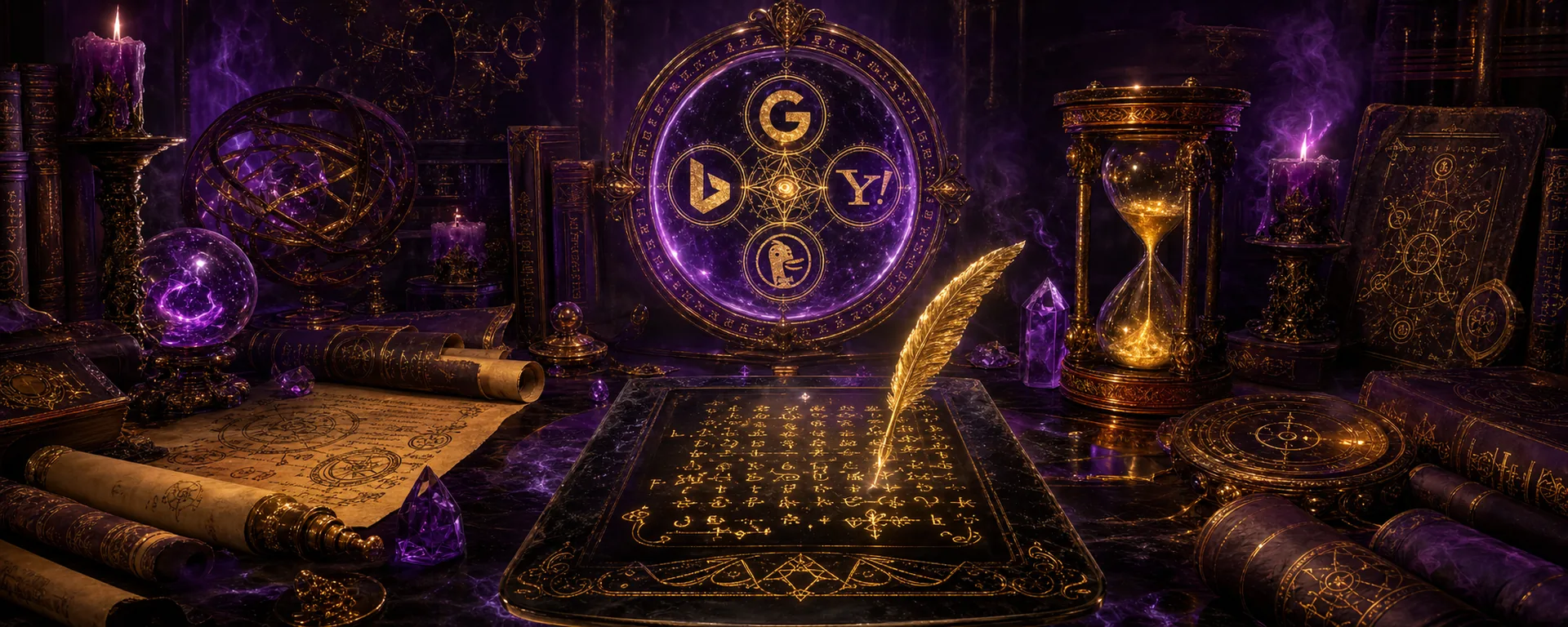 A sorcerer's workbench scattered with arcane scrolls, hourglass, scrying mirror, and search-engine sigils — the tools of AI visibility.