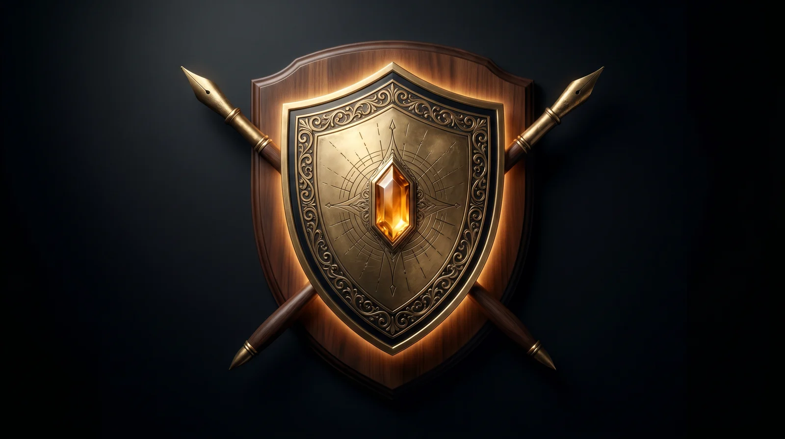A heavy antique brass-and-walnut heraldic shield with a glowing amber crystal at its heart and crossed quill-pens behind it — sanctified legal protection for the website.