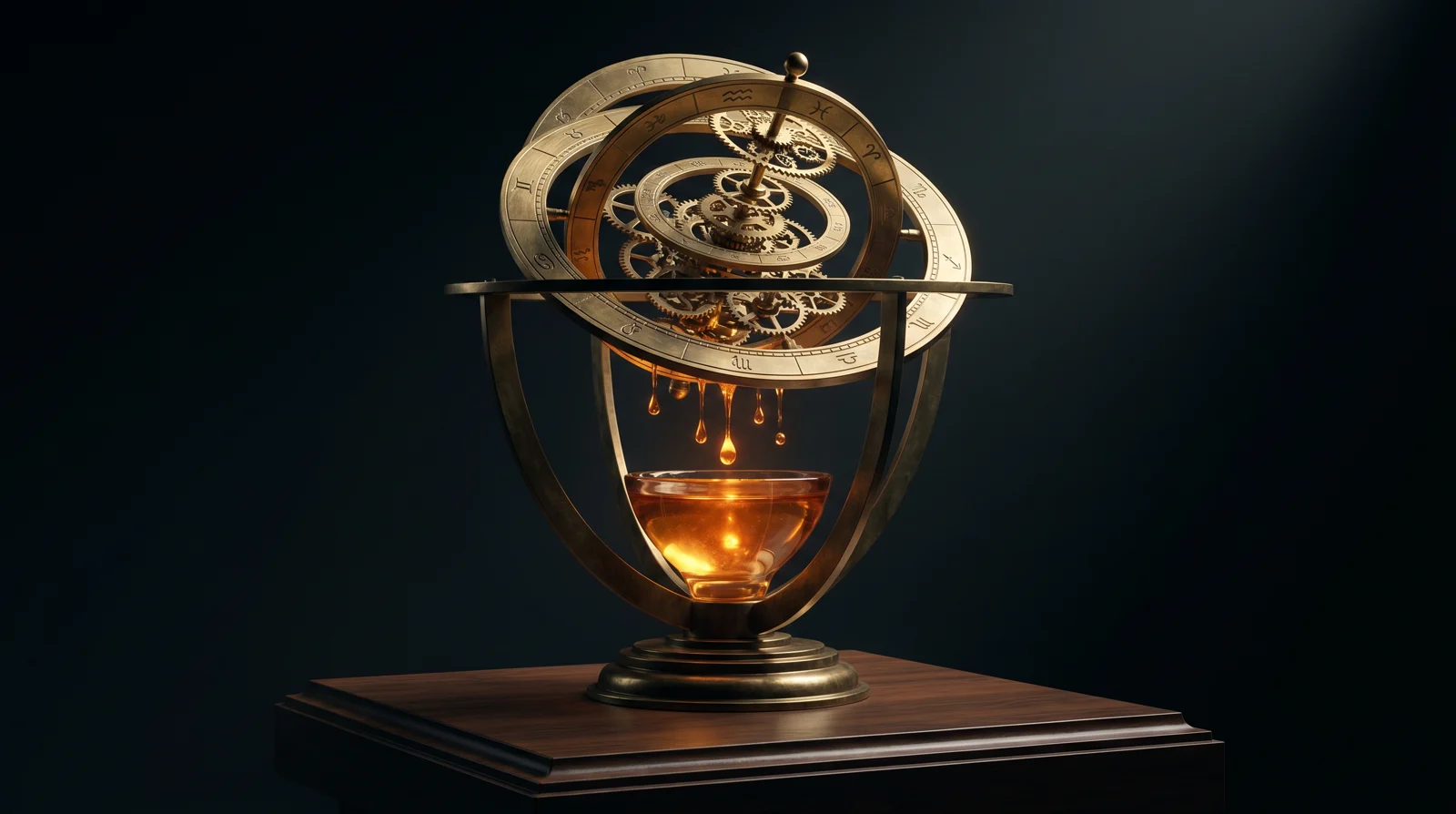 An antique brass orrery of concentric rotating rings funneling glowing amber droplets into a chalice at its base — automated funnels rendered as a precision instrument.