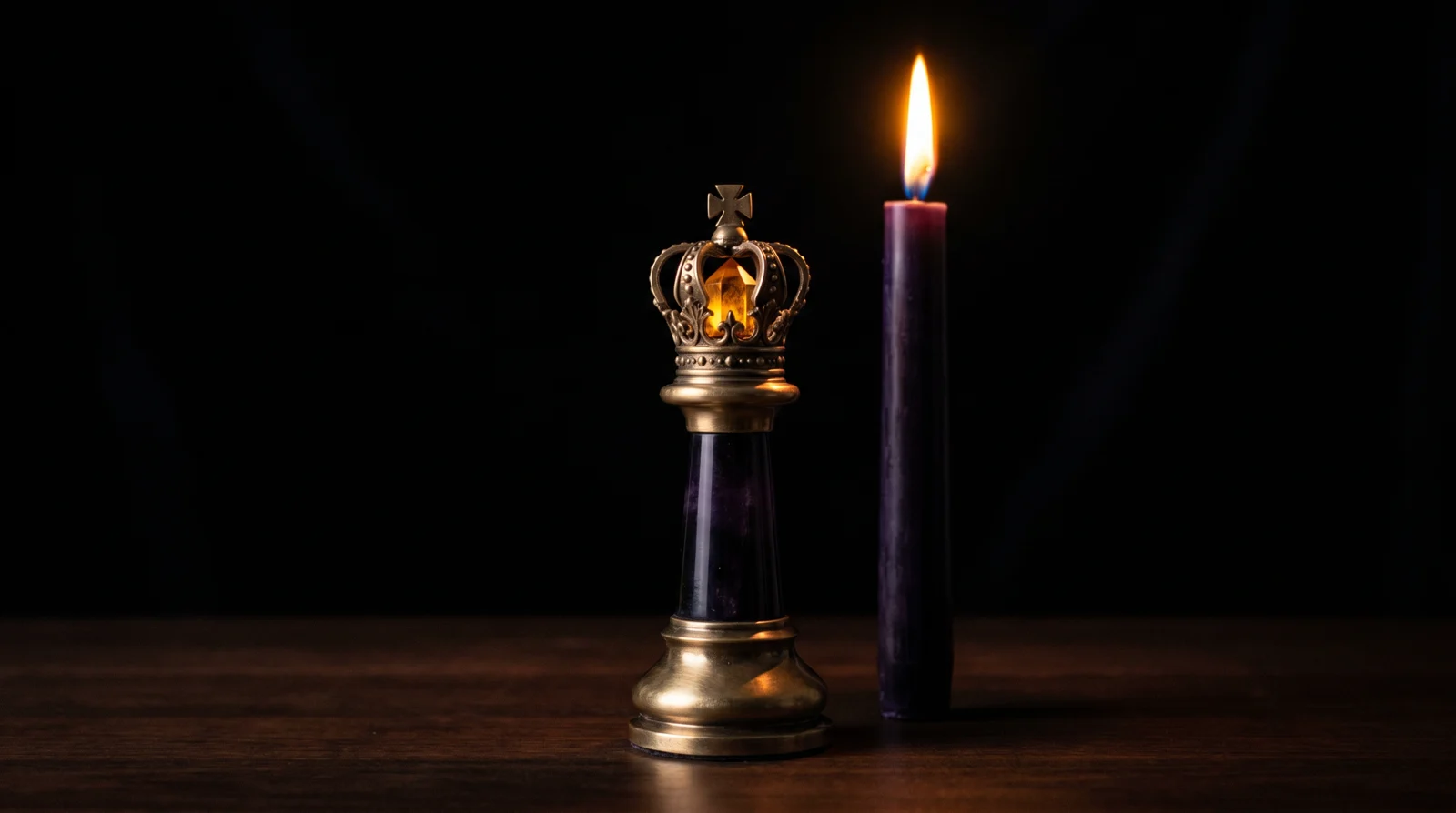 An antique brass-and-obsidian chess king with a glowing amber crystal crown, beside a single tall purple-black candle burning in a quiet midnight boardroom — the inner-circle advisory seat.