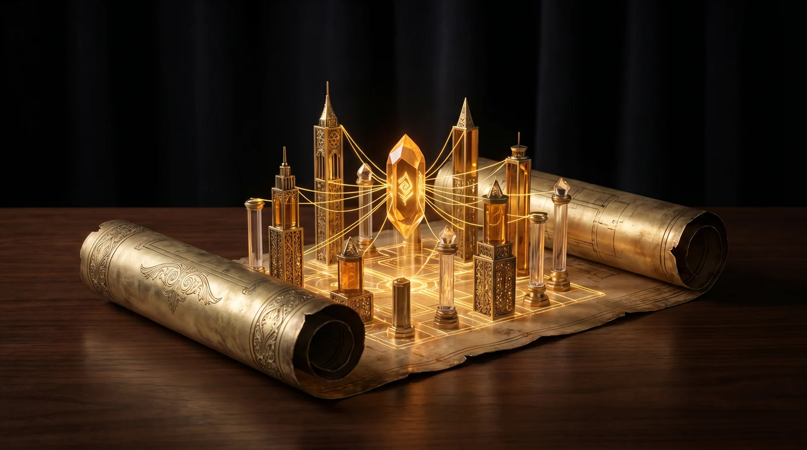 An ornate antique brass blueprint scroll with a glowing amber holographic website-city rising from it — pages and traffic routes converging on a single radiant amber crystal at the center.