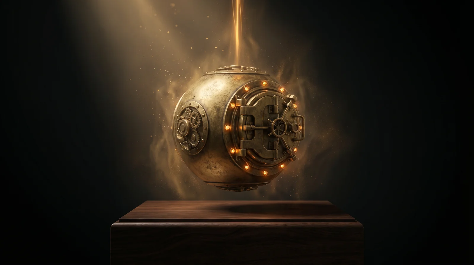 A heavy antique brass bank-vault sphere floating above a walnut plinth, glowing amber light streaming down into it — hardened, always-on hosting as a sacred vault.
